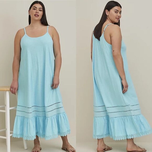Torrid Womens NWT Blue Teal Maxi Cotton Crochet Trim Cover-Up Dress Plus Size 1X - Picture 1 of 8